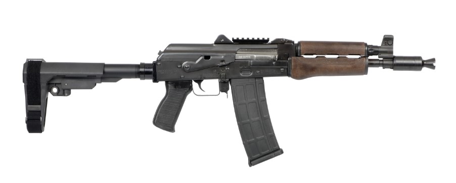 ZASTAVA ZPAP85 AK PISTOL 5.56X45 WITH BOOSTER DARK WOOD TOP RAILSBA3 BRACE REAR RAIL BULGED TRUNNION CHROME LINED 10.5IN BARREL ZP85556TAB - Win Repeating Arms Promotion